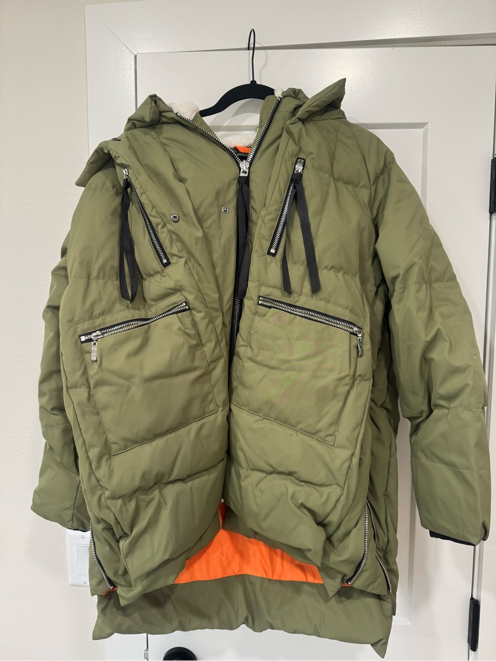 OLAY Olive Green Quilted Hooded Puffer with Orange Lining